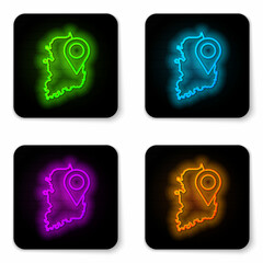 Glowing neon line South Korea map icon isolated on white background. Black square button. Vector