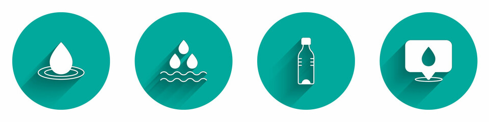 Set Water drop, Bottle of water and with location icon with long shadow. Vector