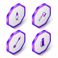 Set Isometric Bullet, Wooden axe, Medieval arrow and Thermos container icon. Purple hexagon button. Vector