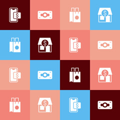 Set pop art Mobile shopping, Stacks paper money cash, Paper bag and Market store icon. Vector