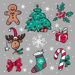 Christmas set in flat style isolated on gray background. Includes Christmas tree, holly berries, gift, bow, gingerbread man, sock, snowflake, striped candy, elk. Drawn by hand as a sketch. Vector.