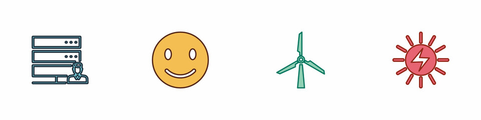 Set Customer care server, Smile face, Wind turbine and Solar energy panel icon. Vector