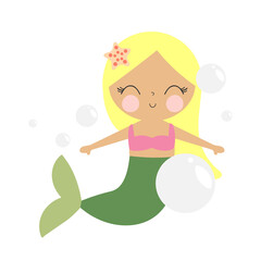 Cute Mermaid with fish and bubbles in cartoon style. Vector illustration in white background. For kids stuff, card, posters, banners, children books and print for clothes, t shirts. Girl print.