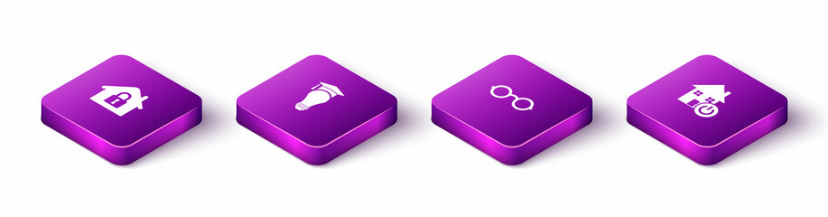 Set Isometric House under protection, Light bulb and graduation cap, Glasses and Smart home icon. Vector