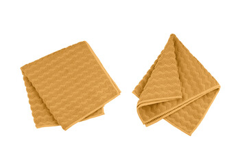 Set of beige folded microfiber towel isolated on white background, top view.