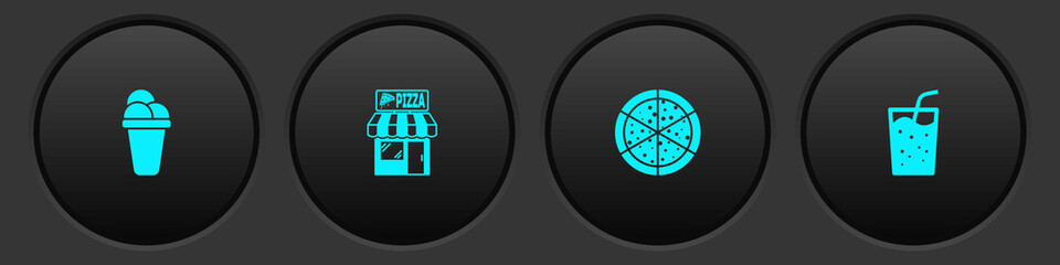 Set Ice cream, Pizzeria building facade, Pizza and Glass with water icon. Vector