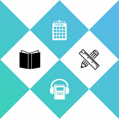 Set Open book, Audio, Hotel building and Crossed ruler and pencil icon. Vector