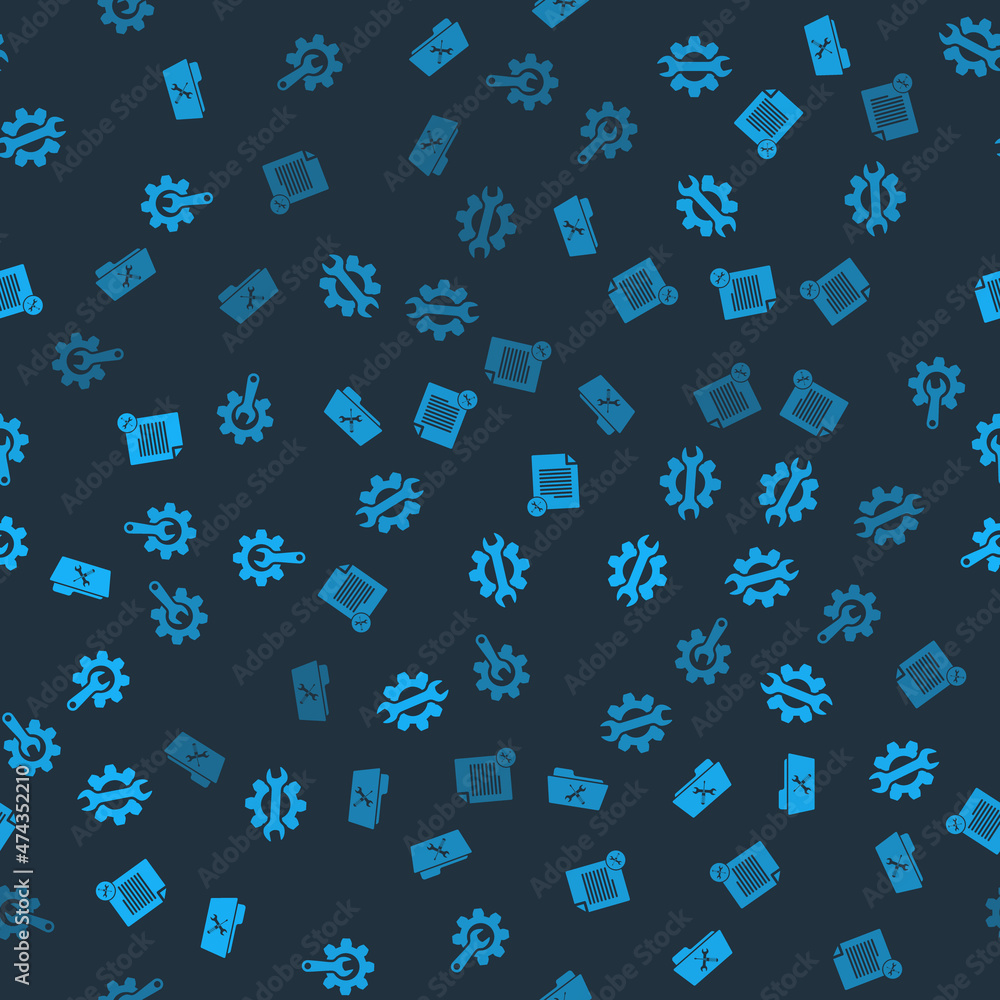Poster set folder service, wrench and gear, file document and on seamless pattern. vector