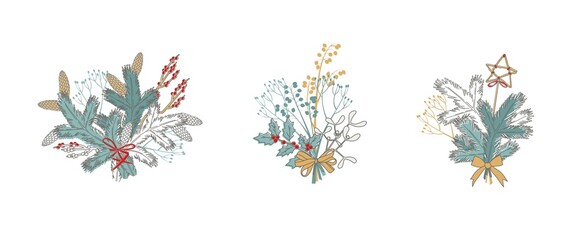 set of Natural forest bouquets for Christmas decoration. Floral arrangements. Evergreens, conifers, berries, leaves, thorns, cones. Vector illustration.