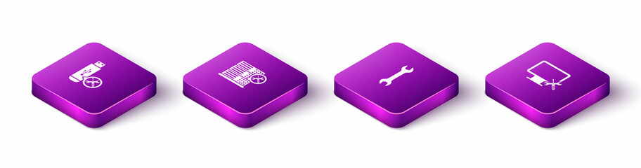 Set Isometric USB flash drive service, Database server, Wrench and Computer monitor icon. Vector