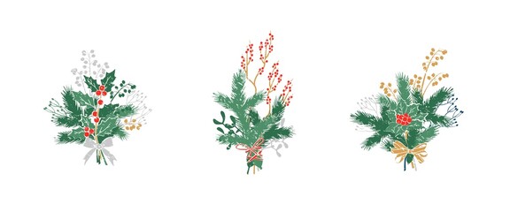 set of Natural forest bouquets for Christmas decoration. Floral arrangements. Evergreens, conifers, berries, leaves, thorns, cones. Vector illustration.