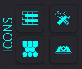 Fototapeta premium Set Worker safety helmet, Bricks, Hammer and wrench spanner and Roof tile icon. Black square button. Vector