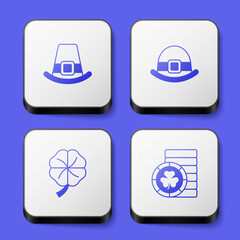 Set Leprechaun hat, Four leaf clover and Golden leprechaun coin icon. White square button. Vector