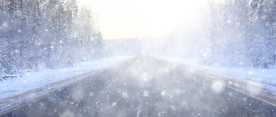 winter highway snowfall background fog poor visibility