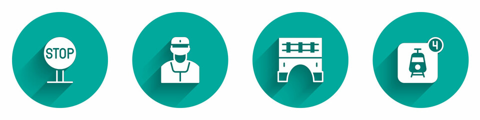 Set Stop sign, Train conductor, Bridge for train and Online ticket booking icon with long shadow. Vector
