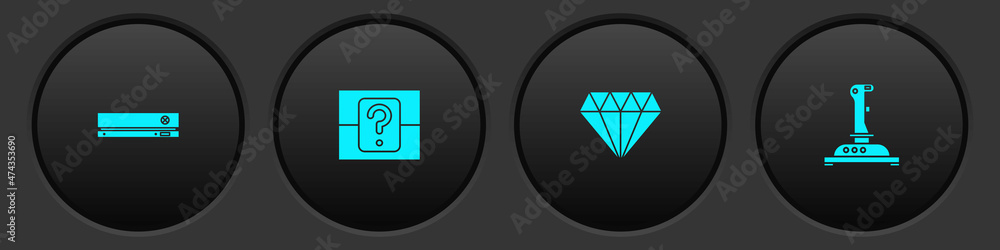 Poster set video game console, mystery or random box, diamond and joystick for arcade machine icon. vector