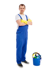 full length portrait of man cleaner in blue uniform posing with bucket with cleaning equipment isolated on white background