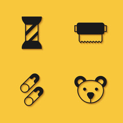 Set Sewing thread on spool, Teddy bear plush toy, Closed steel safety pin and Textile fabric roll icon with long shadow. Vector
