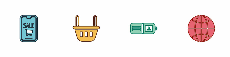 Set Mobile phone and shopping cart, Shopping basket, Wallet and Worldwide icon. Vector