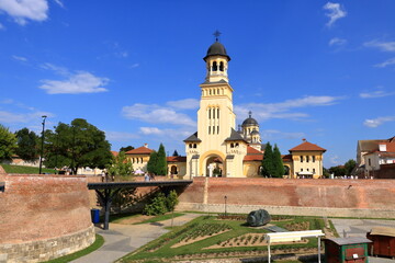 Fototapeta na wymiar September 5 2021 - Karlsburg, Alba Iulia, Romania: Entrance to the Catedrala Incoronarii as a part of Alba Iulia