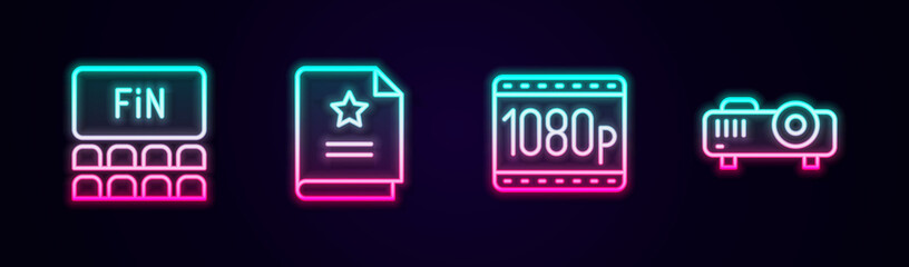 Set line Cinema auditorium with screen, Scenario, Full HD 1080p and Movie, film, media projector. Glowing neon icon. Vector