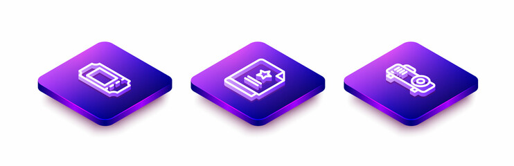 Set Isometric line Cinema ticket, Scenario and Movie, film, media projector icon. Vector