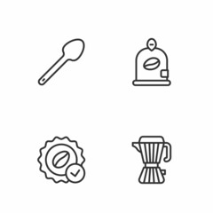 Set line Coffee maker moca pot, Medal for coffee, Teaspoon and Bag beans icon. Vector