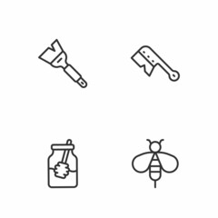 Set line Bee, Jar of honey and dipper stick, Beekeeping brush and icon. Vector