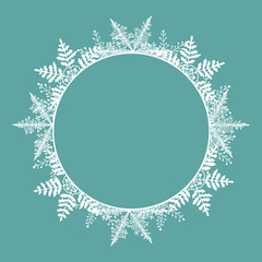 Frame. Round white frame made of snowflakes. Perfect for decorating social networks, photos and text. Christmas frame. Vector.