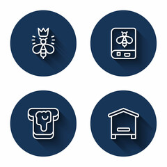 Set line Queen bee, Book about, Bread with honey and Hive for bees with long shadow. Blue circle button. Vector