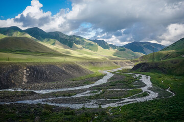 Fototapeta na wymiar Mountain river in a valley in the Agul region of Dagestan