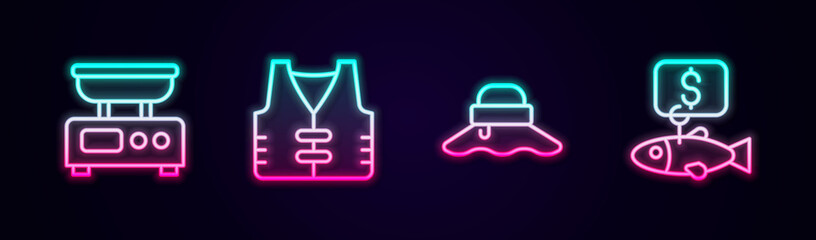 Set line Electronic scales, Fishing jacket, Fisherman hat and Price tag for fish. Glowing neon icon. Vector