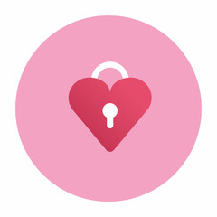 Heart shape locker flat icon. Red heart shape lock with white keyhole isolated on pink circle background. Key to woman's heart, happy Valentine day symbol sign. Colorful bright flat style vector icon.