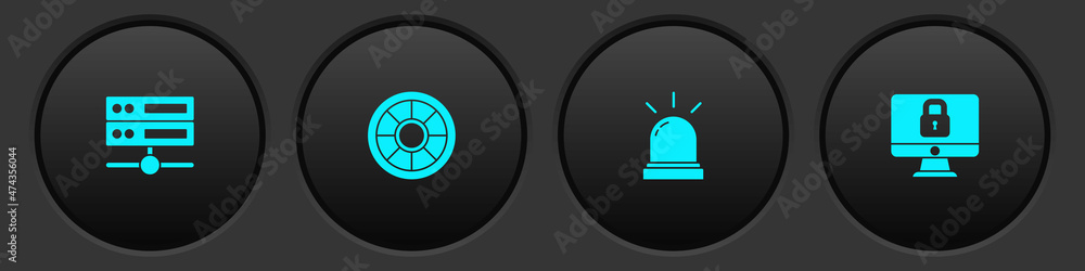 Poster set server, data, web hosting, safe, motion sensor and lock computer monitor icon. vector