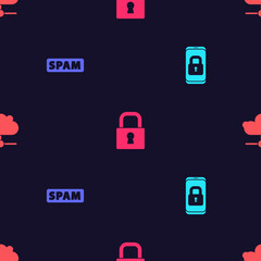 Set Mobile with closed padlock, Spam, Lock and Network cloud connection on seamless pattern. Vector