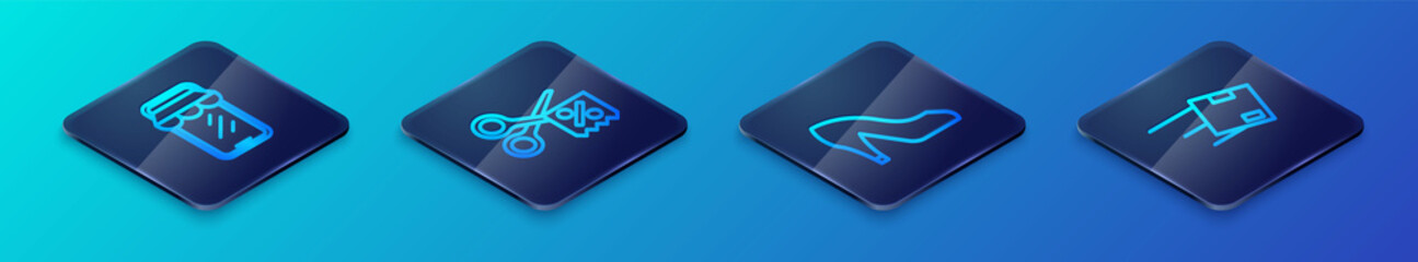 Set Isometric line Woman shoe, Online shopping on phone, Location with cardboard box and Scissors cuts discount coupon icon. Vector