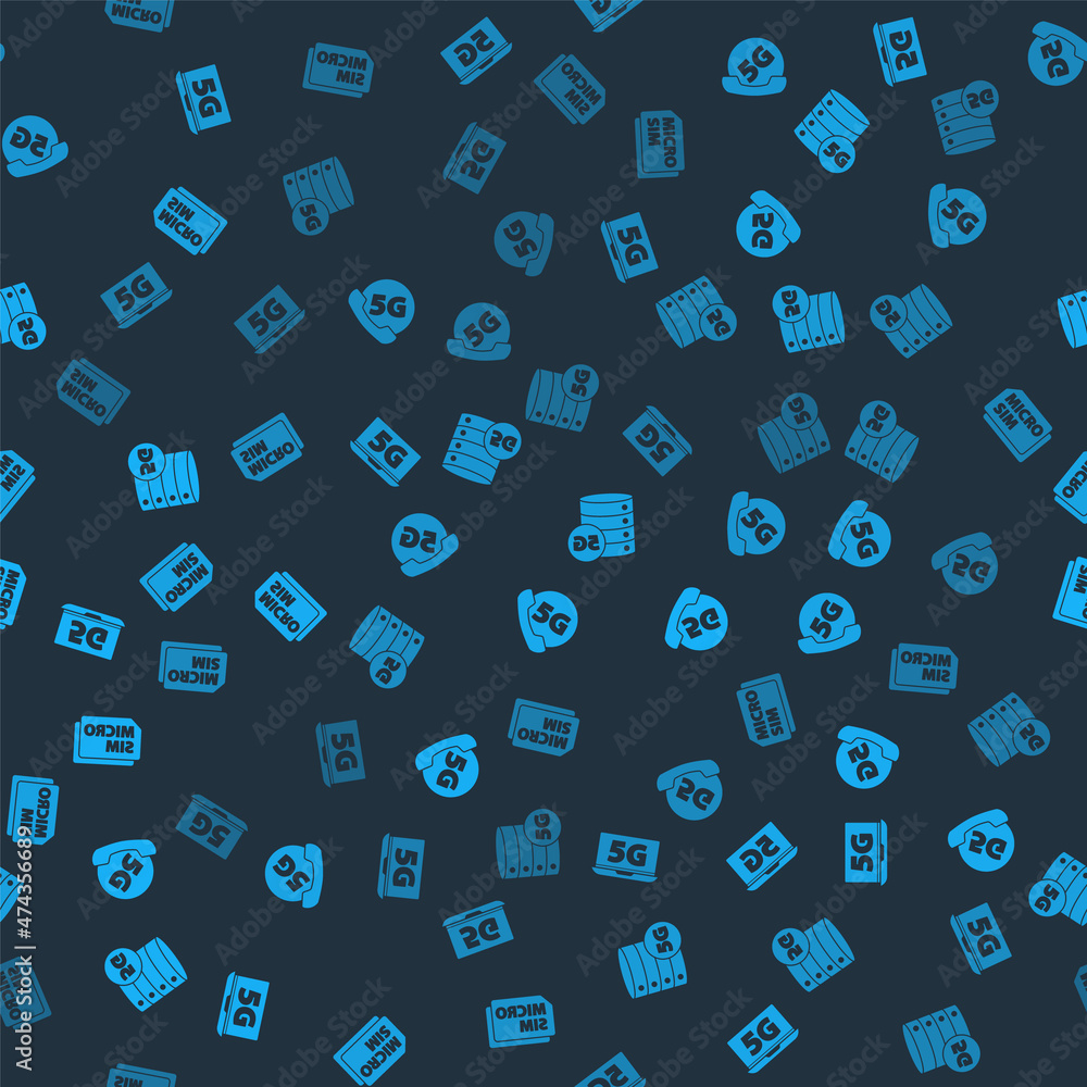 Poster set laptop with 5g network, phone, server and micro sim card on seamless pattern. vector