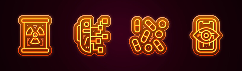 Set line Radioactive waste in barrel, Humanoid robot, Medical pill biohacking and Computer vision. Glowing neon icon. Vector