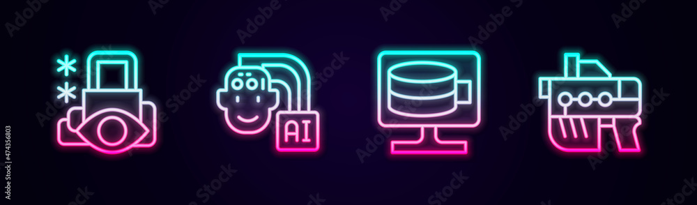 Poster set line cyber security, humanoid robot, cloud database and futuristic weapon. glowing neon icon. ve