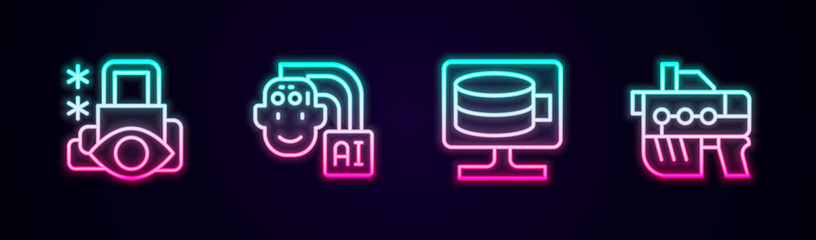 Set line Cyber security, Humanoid robot, Cloud database and Futuristic weapon. Glowing neon icon. Vector
