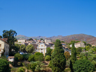 Fototapeta na wymiar View of Sorio, a typical Corsican mountain village in Nebbio valley, Corsica, France.