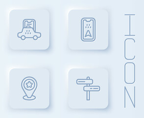 Set line Taxi mobile app, Infographic of city map, Location with star and Road traffic sign. White square button. Vector