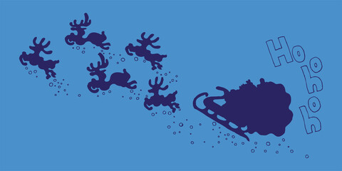 Blue Winter object. Santa Claus in a sleigh rides deer, carries gifts to children. New Year mood, Christmas card, horizontal web banner. New Year's background. Flat Postcard. Hohoho. Reindeer jump up.