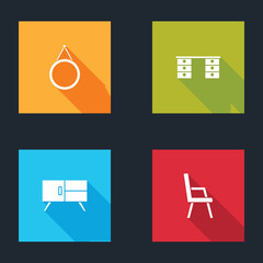 Set Mirror, Office desk, Chest of drawers and Armchair icon. Vector