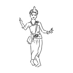 Hand drawn Thai traditional dancing style female ghost on white background for concept of happy Halloween. Vector illustration in doodle art style