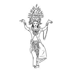 Hand drawn Thai traditional dancing style female ghost on white background for concept of happy Halloween. Vector illustration in doodle art style
