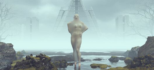 Woman Creepy Swan Lake Cyber Punk Transparent Shrink Wrap Model Water Beach 3d illustration render