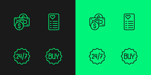 Set line Buy button, Clock 24 hours, Stacks paper money cash and Shopping list icon. Vector