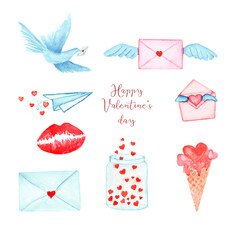 love watercolor set, watercolor illustration with love for valentine's day, envelope, dove with letter, paper airplane with red heart