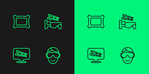 Set line Eye sleep mask, Sleepy, Pillow and Time to icon. Vector